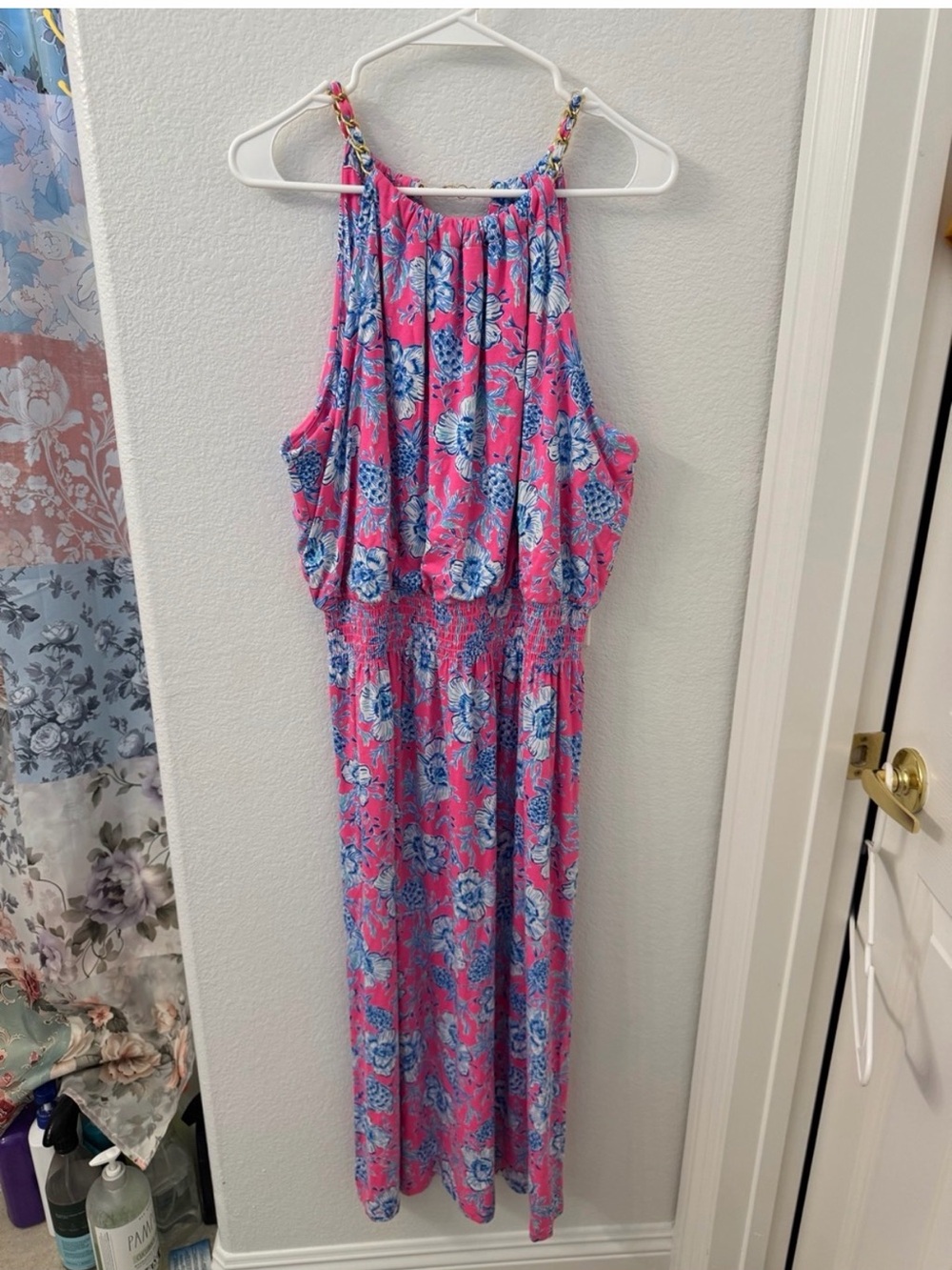 Lilly Pulitzer Pink and Blue Floral Gold Chain Halter Midi Dress, Size XL